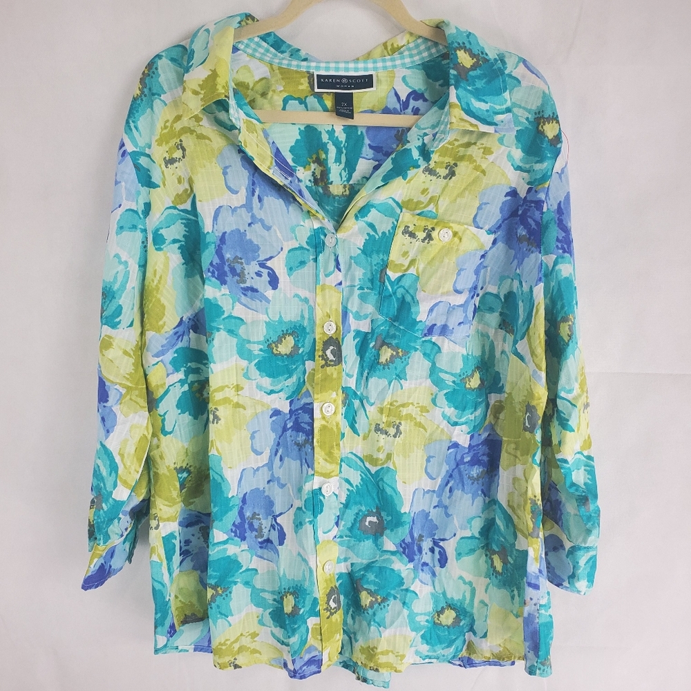Karen Scott Woman 2X 100% Cotton Button Sleeve